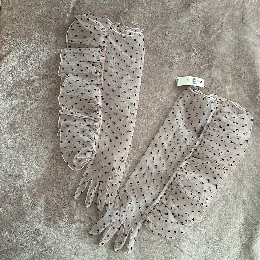 Anthropologie Sheer Polka Dot Ruffle Gloves in Blush and Black